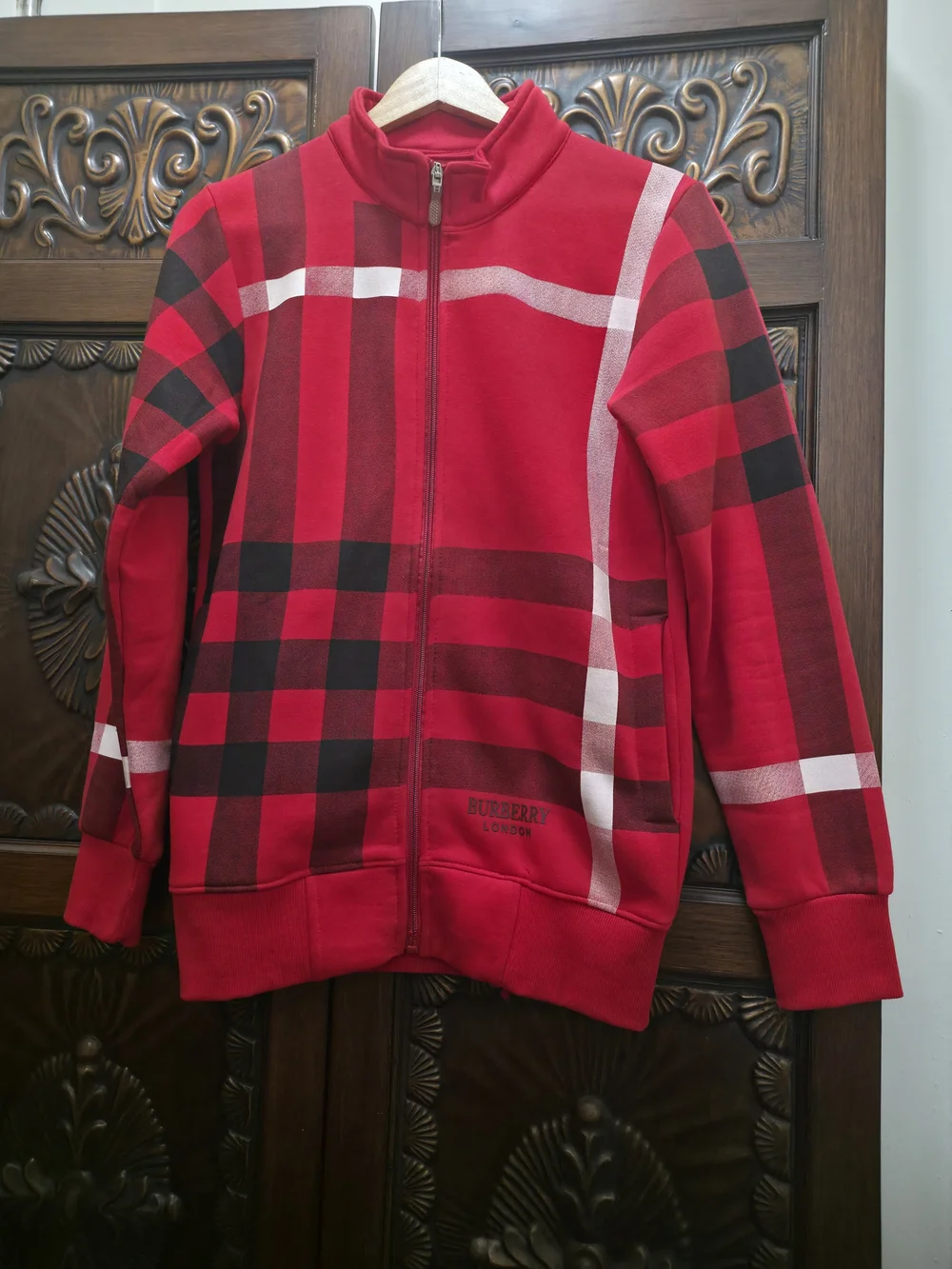 Burberry Deep Red Plaid Zip Jacket. - Picture 3 of 11